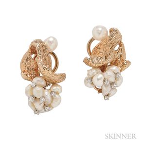 14kt Gold, Freshwater Pearl, and Diamond Earclips, Ruser