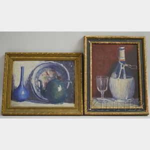 American School, 20th Century Lot of Two Still Lifes: Chianti Wine in a Fiasco with Glass