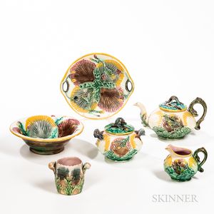 Six Majolica Shell-decorated Items