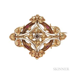 Antique 18kt Gold, Colored Diamond, and Enamel Brooch