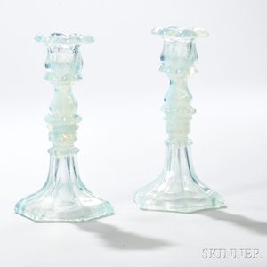 Pair of Opalescent Pressed Glass Petal Socket Candlesticks