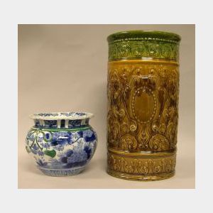 Chinese Blue and White Porcelain Jardiniere and an Ohio Art Pottery Majolica Glazed Umbrella Stand.