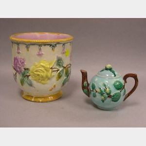 Majolica Floral Decorated Jardiniere and Small Teapot.