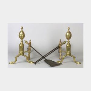 Pair of Brass and Iron Andirons with Matching Tools
