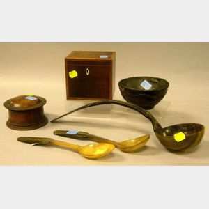 Treen Covered Jar, Inlaid Tiger Maple Veneer Tea Caddy, and Three Horn Spoons, toget her with a wood bowl.