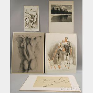 Group of Unframed Figure Studies and a Landscape Photograph