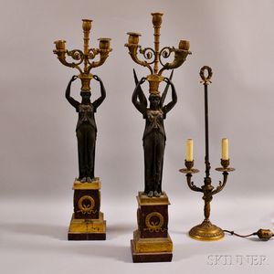 Pair of Bronze and Stone Five-light Figural Candelabra and a Single Two-light Candelabra