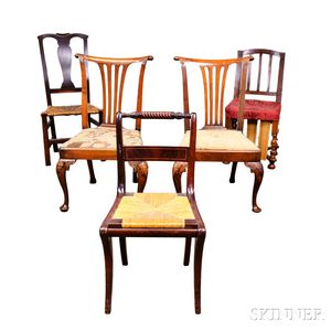 Pair of George III Carved Mahogany Side Chairs and Three Others