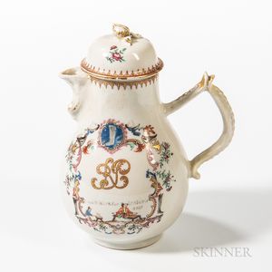Polychrome Decorated Export Porcelain Coffeepot with Shoe and Bootmaker Imagery