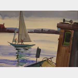 Framed Watercolor Harbor View with a Sailboat
