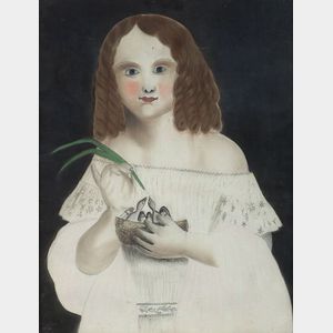 American School, 19th Century Portrait of a Girl with Curls Holding a Nest with Birds.