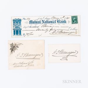 Beauregard, P.T. (1818-1893) Two Signed Cards and a Signed Check.
