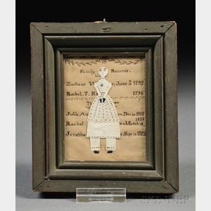 Framed Miniature Family Record and Cut Paper Doll Composition