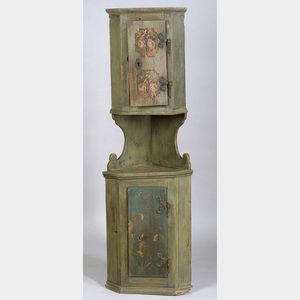 Swiss Green Painted Pine Two-Part Corner Cupboard