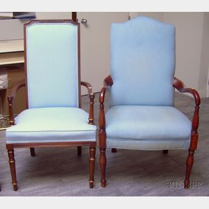 Louis XVI Style Upholstered Armchair and a Federal-style Upholstered Tiger Maple Armchair.