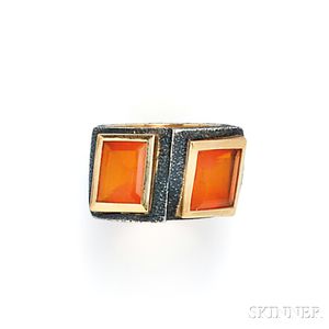 Blackened Silver, 18kt Gold, and Fire Opal "Crossover" Ring, Marilyn Cooperman