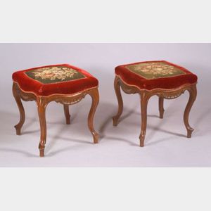 Pair Victorian Needlepoint and Velvet Upholstered Mahogany Footstools