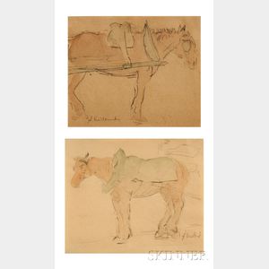 Auguste Alexandre Vuillemot (French, 1883-1970) Two Drawings of Cart Horses in a Common Frame.