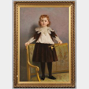 James Wells Champney (act. Massachusetts/New York, 1843-1903) Portrait of a Child Standing on a Sofa Holding a Bugle.