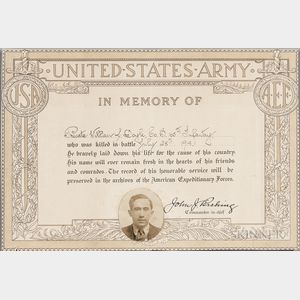 Pershing, John J. (1860-1948) Signed WWI Memorial for Private William J. Doyle, 1918.