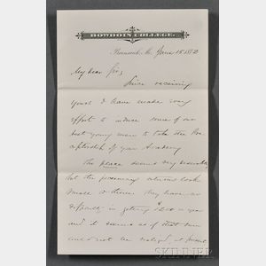 Chamberlain, Joshua (1828-1940) Autograph Letter Signed, 15 June 1872.