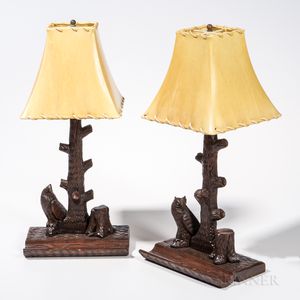 Pair of Carved Walnut Owl Lamps with Shades