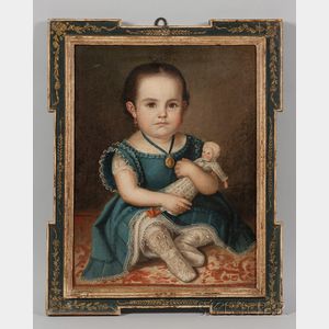 Spanish Colonial School, 19th Century, Portrait of a Young Girl in a Lacy Blue Dress Holding a Doll.