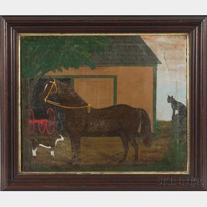 American School, 19th Century Portrait of a Horse with Cat and Dog in Front of a Barn