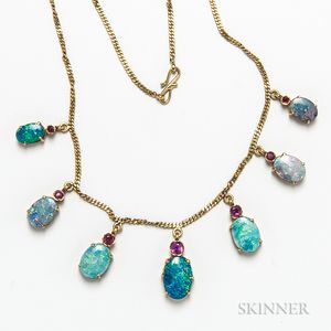 18kt Gold, Opal Doublet, and Ruby Necklace