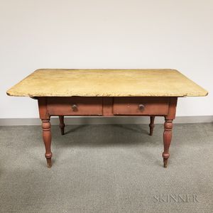 Country Red-painted Pine Two-drawer Tavern Table