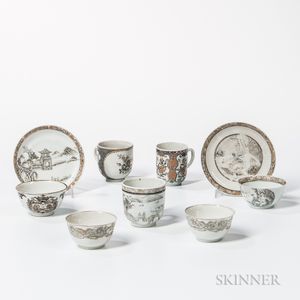 Nine Tea Bowls, Chocolate Cups, and Saucers Decorated En Grisaille