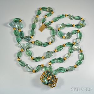 Green Hardstone and 14kt Gold Necklace