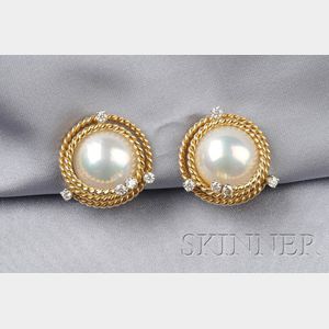 18kt Gold, Mabe Pearl and Diamond Earclips, Schlumberger, Tiffany & Co.
