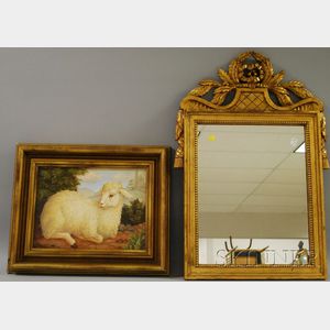 Neoclassical Carved Giltwood Mirror and Framed Oil on Canvas Portrait of a Sheep