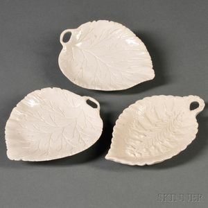 Three Staffordshire Salt-glazed Stoneware Leaf-shaped Dishes