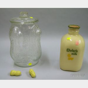 Large Glass Ehler's Milk Display Bottle and a Planter's Peanuts Colorless Molded Glass Retail Counter Jar