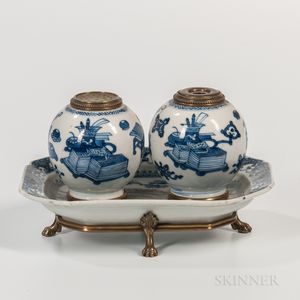 Blue and White Ceramic and Brass-mounted Inkwell