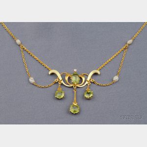 Art Nouveau 14kt Gold, Peridot, Freshwater Pearl, and Diamond Lavaliere