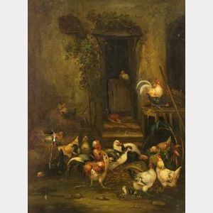 Claude Guilleminet (French, 1821-1866) Barnyard Scene with Chickens, Roosters, and Pheasant