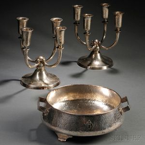 Pair Silver Candelabra and Center Bowl