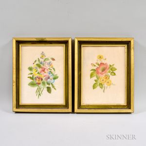Two Framed Watercolor on Velvet Floral Scenes