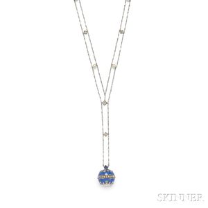 Edwardian Diamond and Enamel Ball Watch Necklace