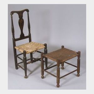 Paint Decorated Queen Anne Yoke-back Side Chair and a Turned Wood Stool with Woven Splint Seat.
