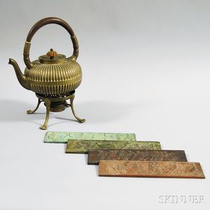 Gorham Brass Teapot with Stand and Four Bronze Plaques