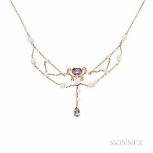 14kt Gold, Amethyst, and Freshwater Pearl Festoon Necklace