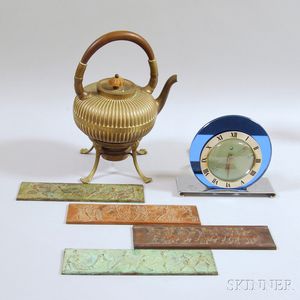 Telechron Desk Clock, a Gorham Brass Teapot, and Four Bronze Plaques