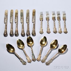 Seventeen Pieces of Victorian Sterling Silver-gilt Flatware