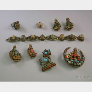 Six Asian Turquoise and Coral Gilt Pins, an 18kt Gold and Egyptian Scarab Bracelet, and Two 18kt Gold Scarab Se...