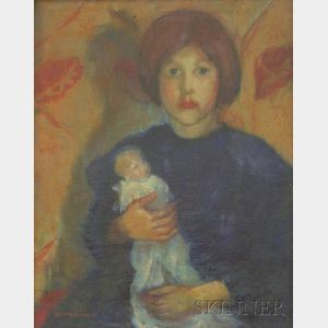 Framed Oil on Canvas Portrait of a Girl with Her Doll by Kalman Oswald (American, 1888-1975)