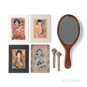 Group of Asian Ephemera, a Hand Mirror, and a Pair of Silver-plated Hairpins